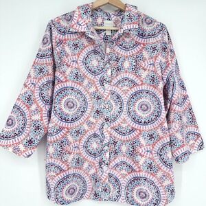 Chico's Women‎ No Iron Button Front Shirt Blouse Sz 2 L Multicolor 100% Cotton